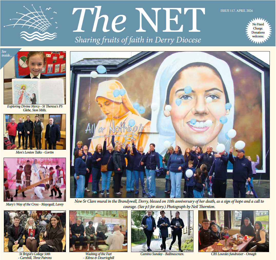 The Net April 2026 cover showing a large Sr Clare mural in the Brandywell, Derry, with a crowd gathered beneath during a blessing ceremony.