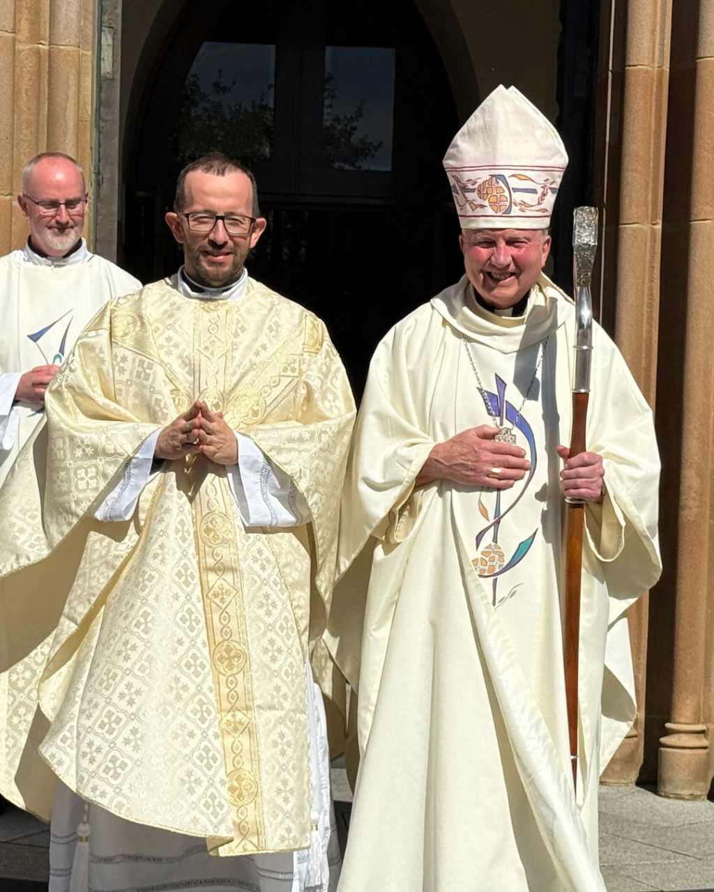 Father Stephen Baxter and Bishop Donal McKeown outside St Columb's Church, Waterside, following Stephen's ordination to the priesthood for service in the Diocese of Derry on Sunday, 14 June 2026.