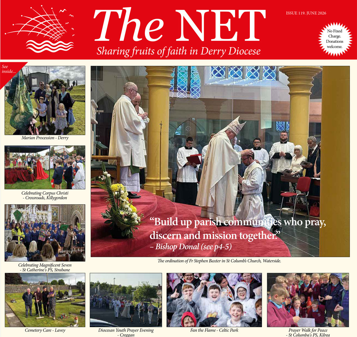 Cover of The NET June 2026 featuring the ordination of Fr Stephen Baxter by Bishop Donal McKeown in St Columb's Church, Waterside, with parish and diocesan faith stories from across the Diocese of Derry.